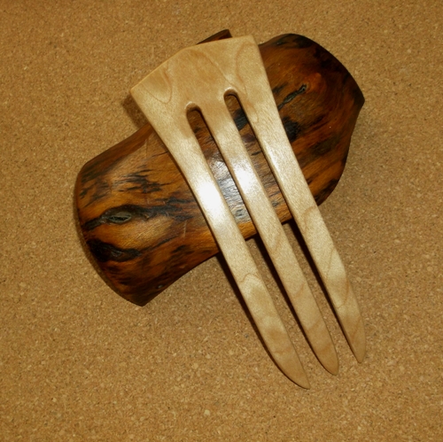 Quilted Maple 3 prong hair fork by Jeter and sold in the UK by Longhaired Jewels
